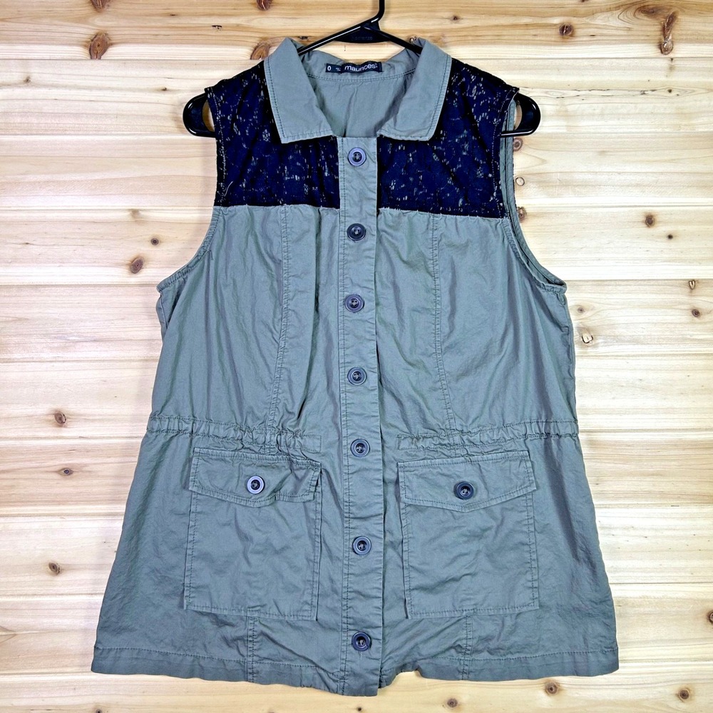 Maurices Vest Womens 0 Green Black Lace Button Up Boho Cargo Sleeveless Top